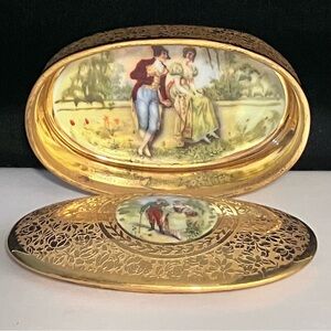 OSBORNE ART STUDIO Carved & 22 Kt. Gold Gilt TRINKET BOX / 2 Hand Painted Scenes